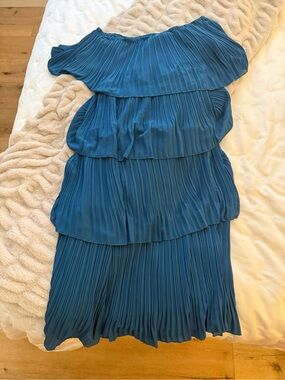 Pleated Tiered Off-Shoulder Dress in Teal